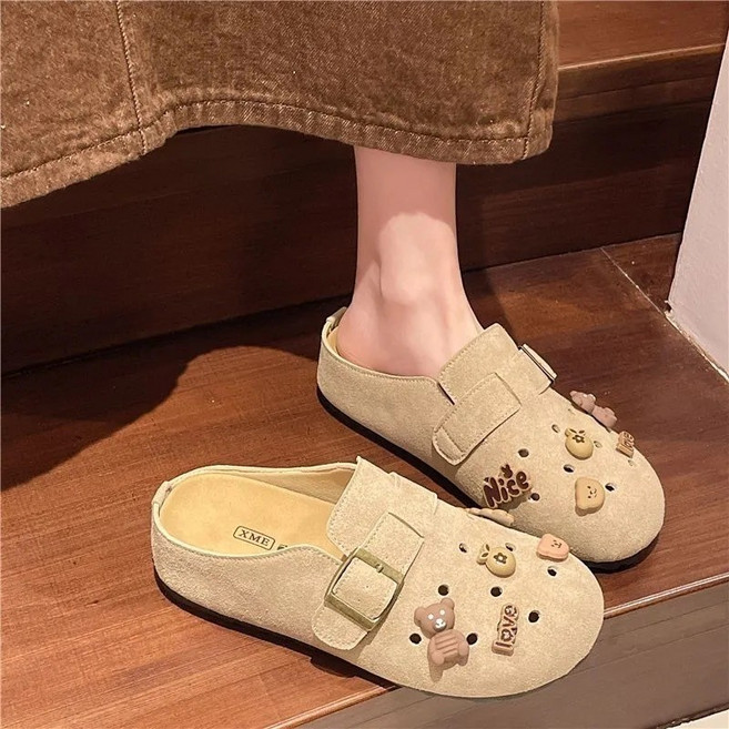 Ve Lo 麂皮絨面穆勒鞋 厚底半包拖鞋 平底避震軟墊 卡其色復古扣件款