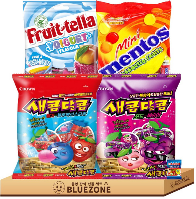개별포장젤리 B세트 후르트텔라100g 멘토스미니150g 새콤달콤블루베리소다200g 새콤달콤포도복숭아200g 하리보 22g, 5개, 100g