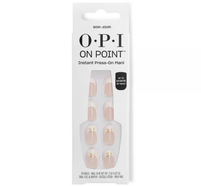OPI On Point Press On Nails | 쇼트 라운드 네일 아트 프레스 온 네일 | 네일 포함 24개 | 오래 지속 재사용 가능 손상 없음 | 2025 가을 쉐이드, 4 Bow-jour! | 골드 보우 디자인 네일 아트가 - 쿠팡