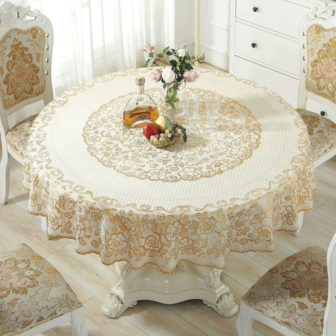 榕樹大圓桌布 防水防油PVC塑料 免洗圓桌布 230cm, 編號08花型燙金,直徑90cm轉盤, 1個