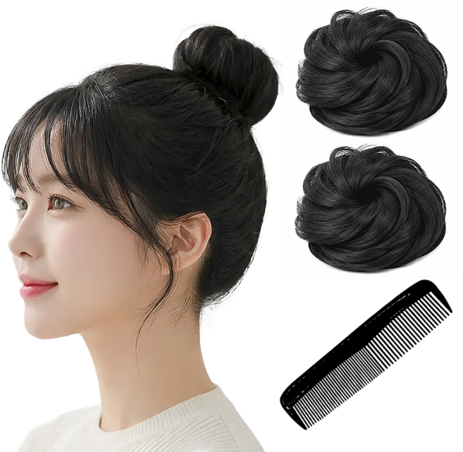 폴케이 풍성한 똥머리 올림머리 가발 밴드, 2개, 리얼 블랙