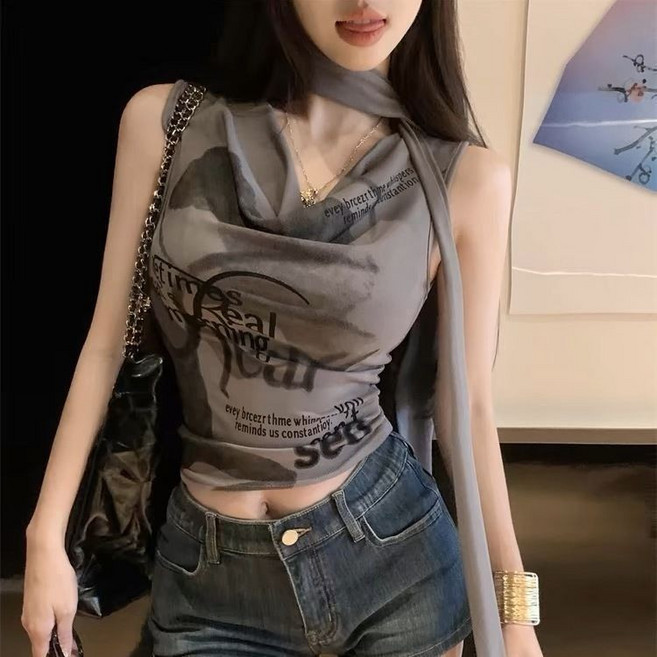 辣妹設計感T恤 夏季修身女飄帶顯瘦短款上衣白色印花蕩領無袖背心