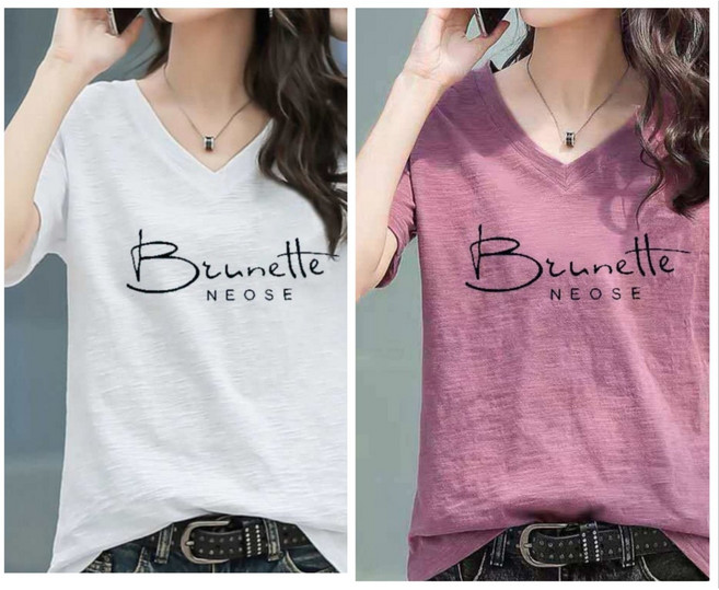 레노이 1+1 면 브이넥 프린팅 반팔티셔츠 루즈핏 반소매 슬림핏