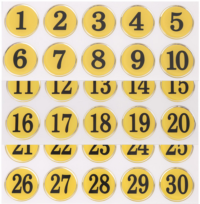 쿤스트마렌 원형 에폭시 테이블 락커 번호 스티커, 1세트, 노랑 1~30번 세트