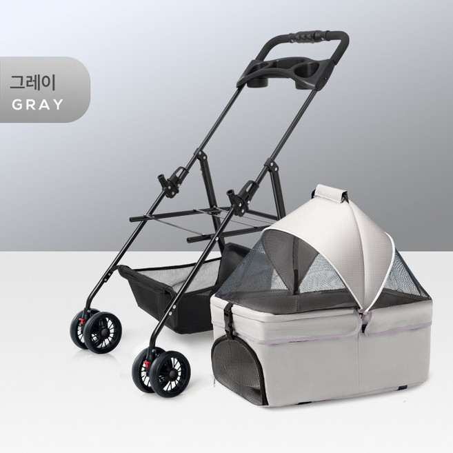 MOSAIRATION반려동물 4륜 유모차 펫카트 강아지 고양이 카트 외출용 시트분리형 가볍고 분리 가능한 접이, LC01그레이[바구니분리형+식판, 1개