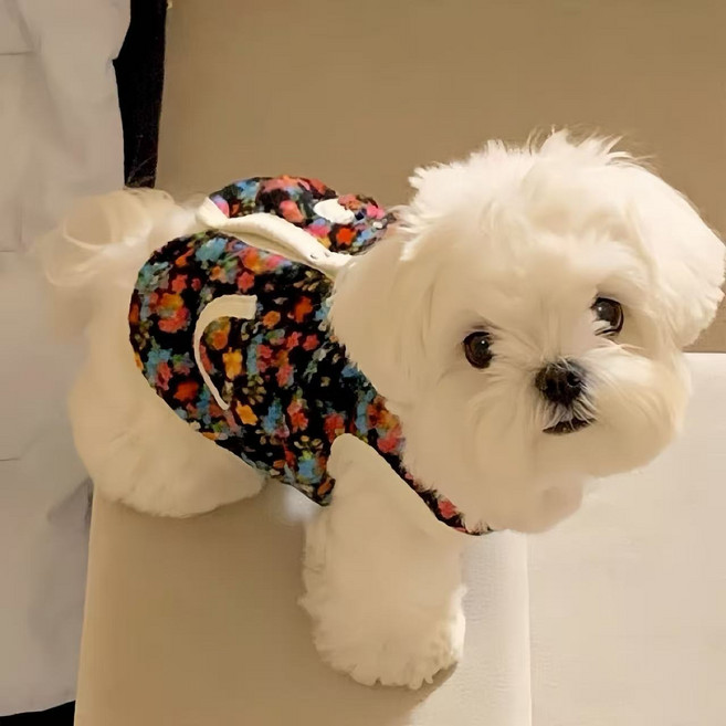 YAPOGI 강아지 한국 김장 할머니 꽃무늬 패딩 조끼 겨울옷, 1개, 블랙