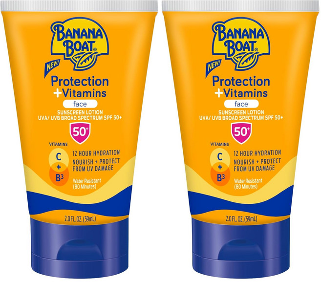 바나나 보트 프로텍션 + 비타민 페이스 선스크린 로션 SPF 50 C와 B3 나이아신아마이드로 보습하는 여행용 선블록 무향 2fl oz, 1개, 56.7g