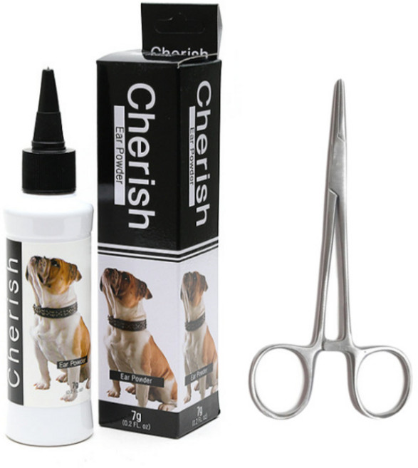 강아지 고양이 귀털관리 귀털제거 세트 이어파우더 + 겸자가위, 이어파우더 + 겸자가위 곡선형, 1세트, 7g