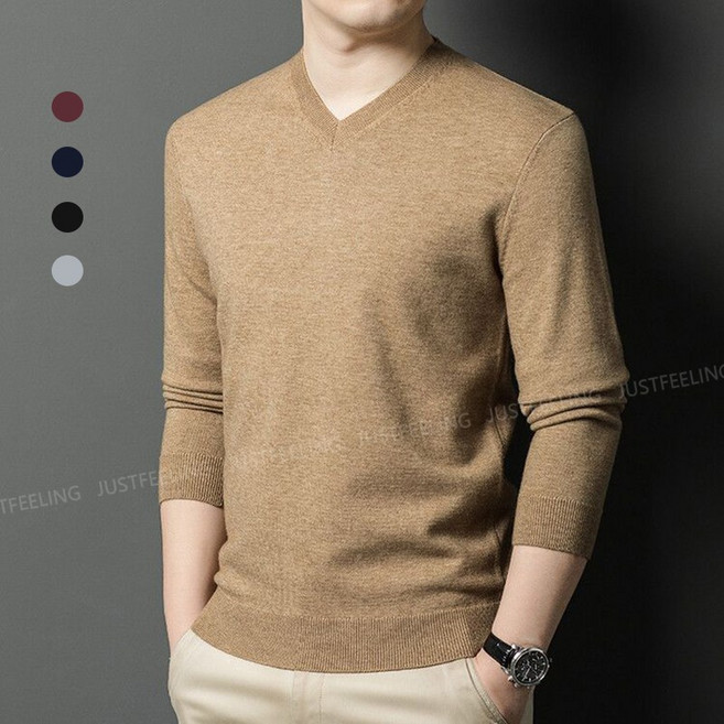 JUSTFEELING 베이직 브이넥 니트 남성용 머플러 봄가을 니트티 컬러 패션 풀오버 스웨터 빅사이즈 M-3XL