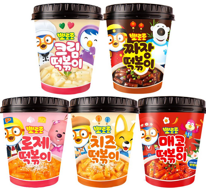 뽀로로 컵 떡볶이 치즈110g 1개+짜장110g 1개+크림115g 1개+매콤120g 1개+로제115g 1개 (총5개) 어린이캠핑여행식품즉석간편, 114g, 5개