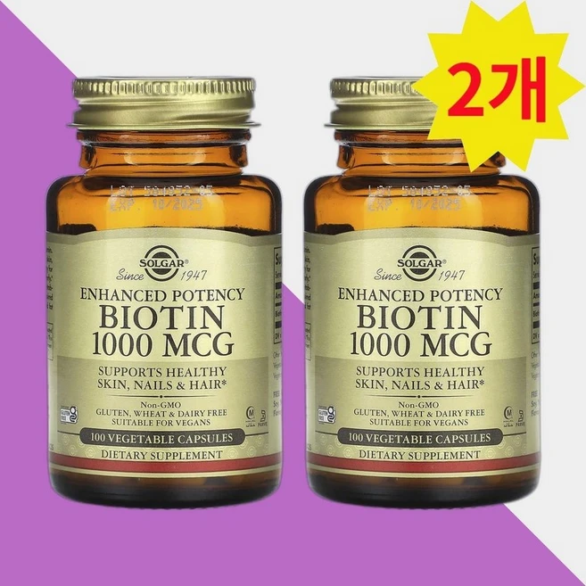 솔가 바이오틴 비오틴 1000mcg 100캡슐 2개 비타민B7 맥주효모 Biotin, 100정 - 쿠팡