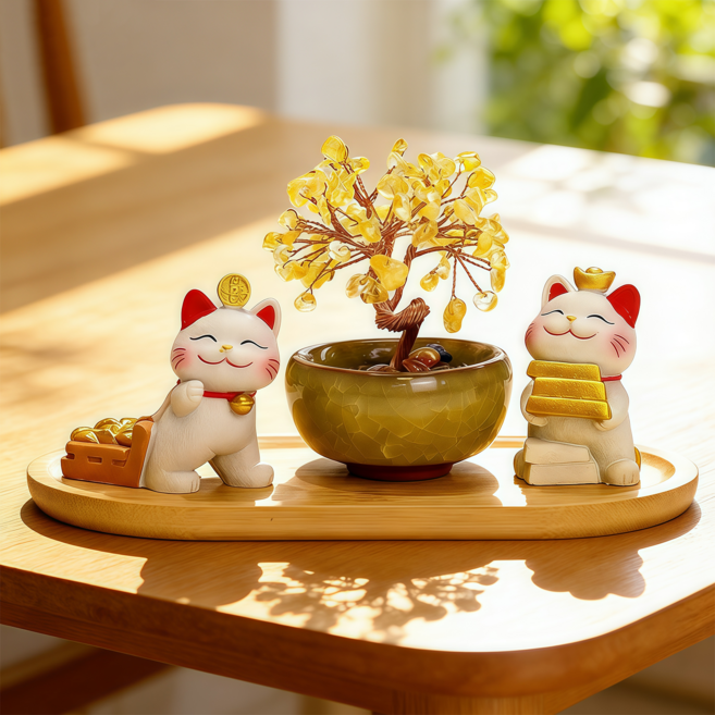 Flyaiku 마네키네코 돈나무 황금나무 4종 장식 인테리어 소품 행운 재물운 선물용 집들이 개업 미니 장식, 골드바 안고있는 고양이