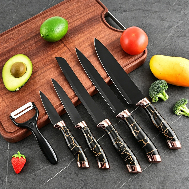 Skyciky 올스텐 6종 칼세트 과도 빵칼 생선칼 셰프나이프 채칼 다용도 주방칼, 블랙, 1세트