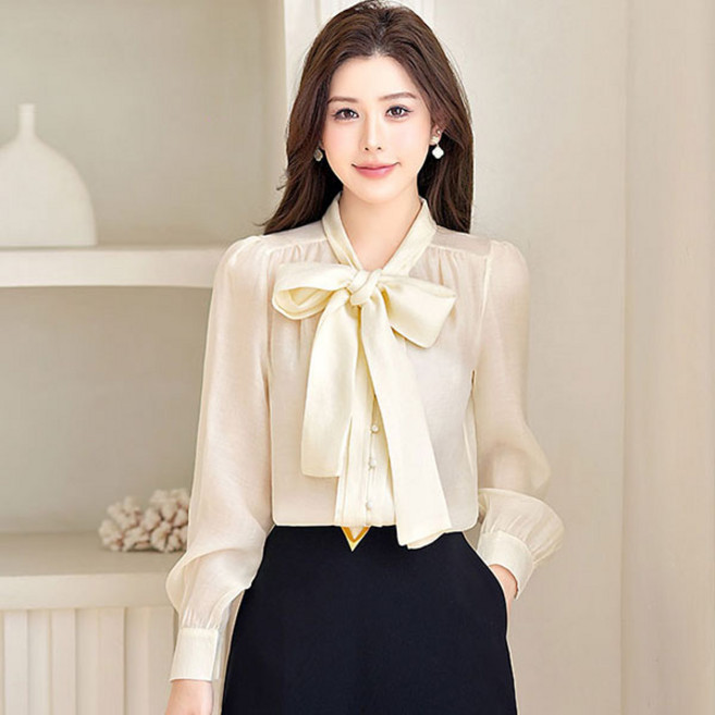 루씨앤 돌레스 하객룩 결혼식 정장 시스루 실크 빅리본 타이 포인트 긴팔 여성블라우스 1575