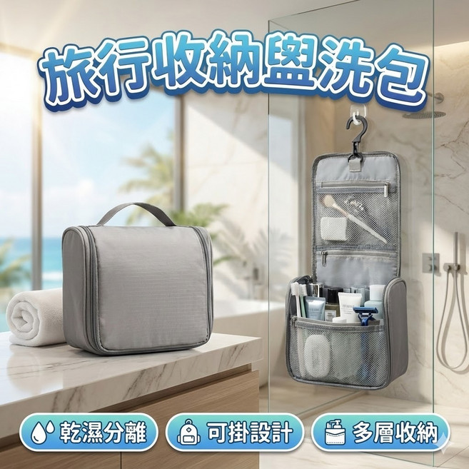 旅行收納盥洗包 乾濕分離洗漱袋 防水防潮化妝包 掛勾設計可懸掛 出差旅遊大容量收納包