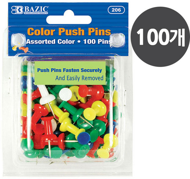 [ 미국 BAZIC ] 투명 칼라 압정 푸쉬핀 100P, 1개, 206컬러푸쉬핀(100개입)