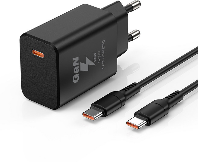 YEXXI c타입 초고속 충전기 25W GaN PD PPS QC3.0 어댑터 + C TO C 1.5M 25W 케이블 세트, 1개, 블랙