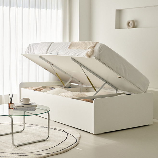 [국내생산 E0등급] 포더홈 포미 E0 리프트업 수납침대 무헤드형 슈퍼싱글 SS 프레임 높이 400_본넬 매트리스, 화이트