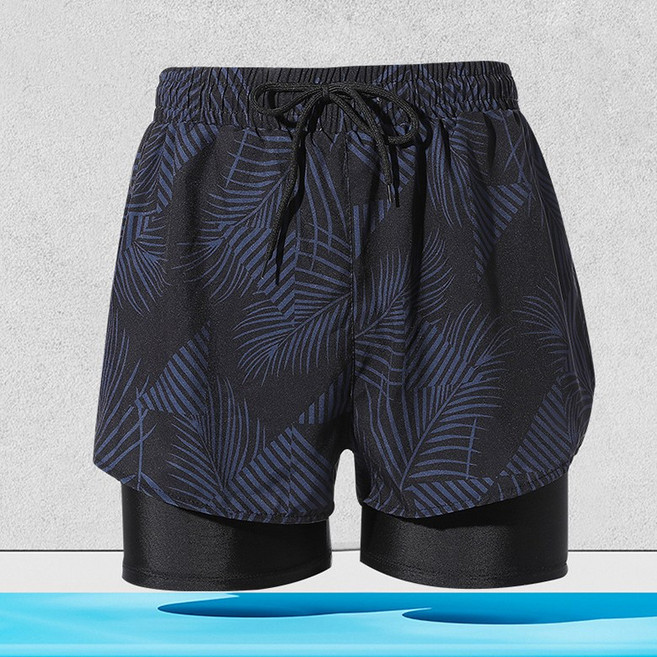 JLVJ 남성 해변 실내 수영복 바지 이중 5부 투인원 남자 수영복