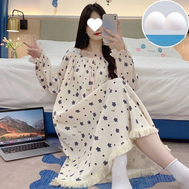 잠옷 여성의 봄과 가을 긴팔 잠옷 여름 미디 원피스 느슨한 홈 옷