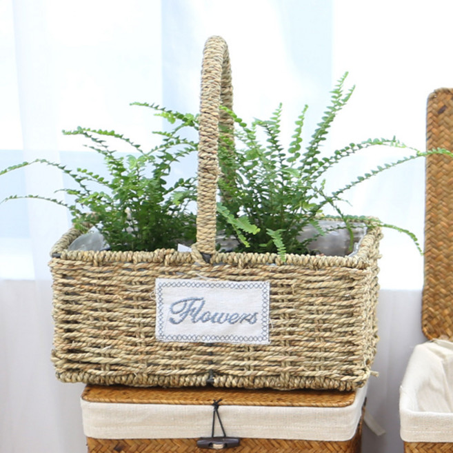 내일의공간 사각 손잡이 라탄 바구니 화분, 1개