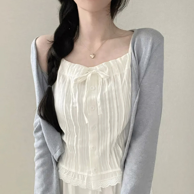 레티고 데일리 원픽 큐티 스트링 리본 핀턱 레이스 나시