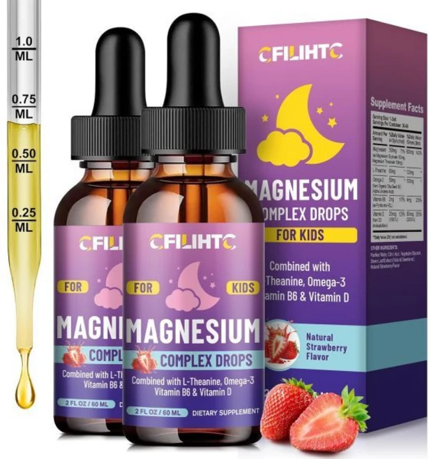 어린이 마그네슘 액체 방울 어린이용 글리신산염 L테아닌 오메가3 비타민 B6 D3 뇌 4 Fl Oz 진정제, Strawberry, 2 Fl Oz (Pack of 2), 1개 - 쿠팡