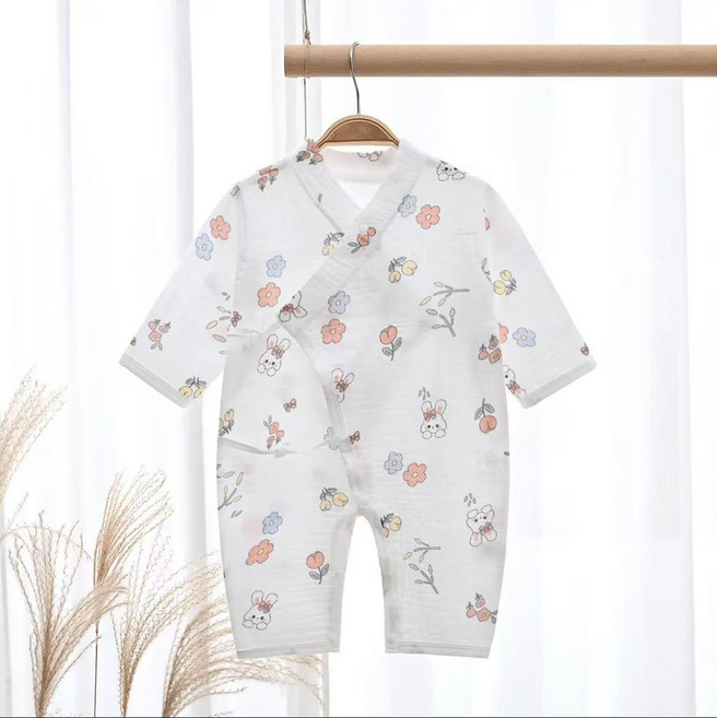雙層紗布嬰幼兒偏襟連體和尚服雙層護肚新生兒春夏寶寶薄款爬爬服