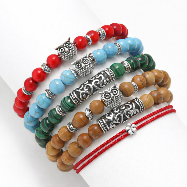 NIAN 행운 부엉이 천연석 커플 우정 팔찌 세트 3P