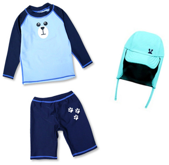 에리페 남아용 블루 베어 래쉬가드+플랩캡 수영 모자 SET