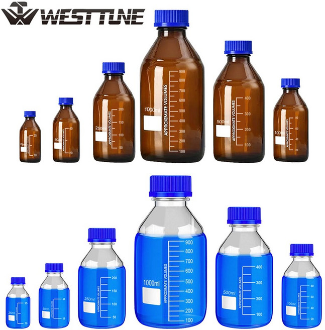 Westtune GL45 갈색 및 투명 유리 시약 병 25ml 1000ml 누출 방지 스크류 캡 내화학성 실험실, 50mlbrown, 1개