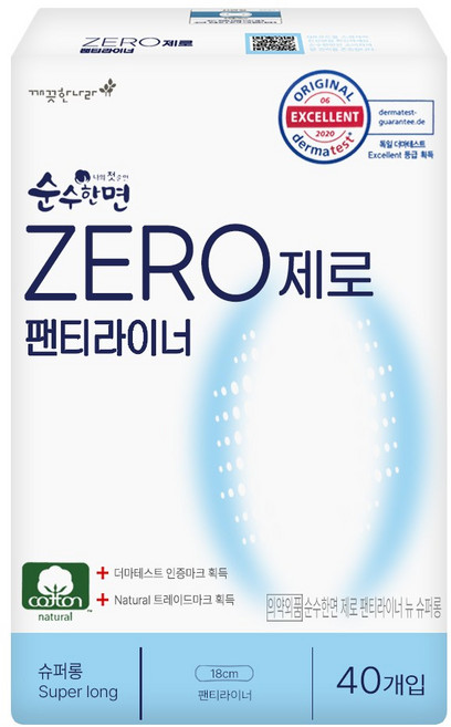 [최신 제조일] 순수한면 제로 팬티라이너 롱 40p, 1세트, 40개입