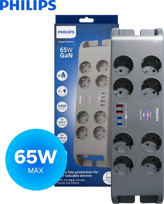 필립스 멀티탭 서지보호 울트라 8구 USB GaN 65W 고용량 과부하차단 C타입 A타입, 그레이 SPN9180GA, 1개, 2m