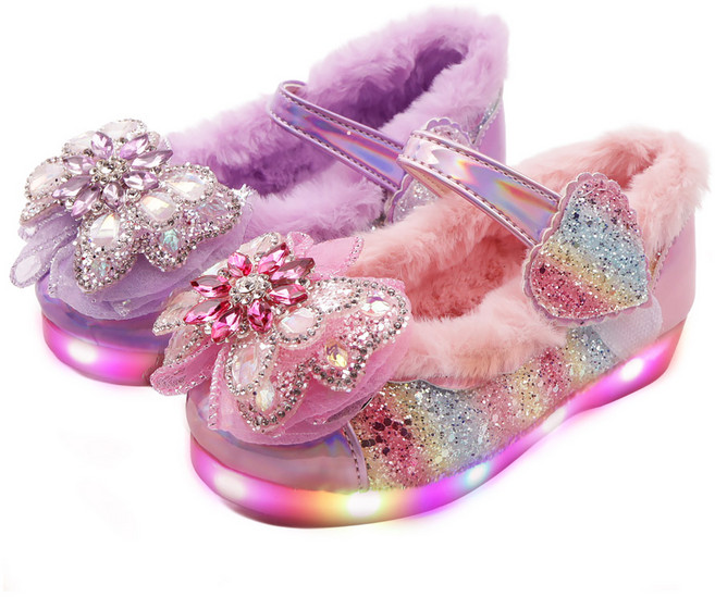 풋풋 샤이니 젬 플라워 LED 아동 털구두
