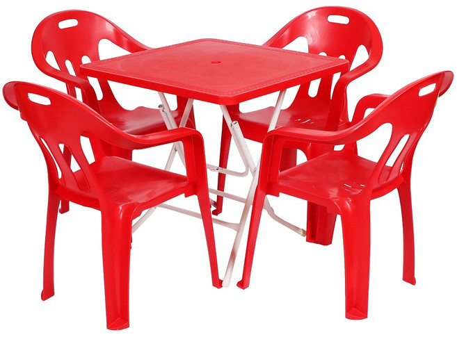 지오리빙 플라스틱 테이블 의자 세트, 사각+팔걸이(레드)