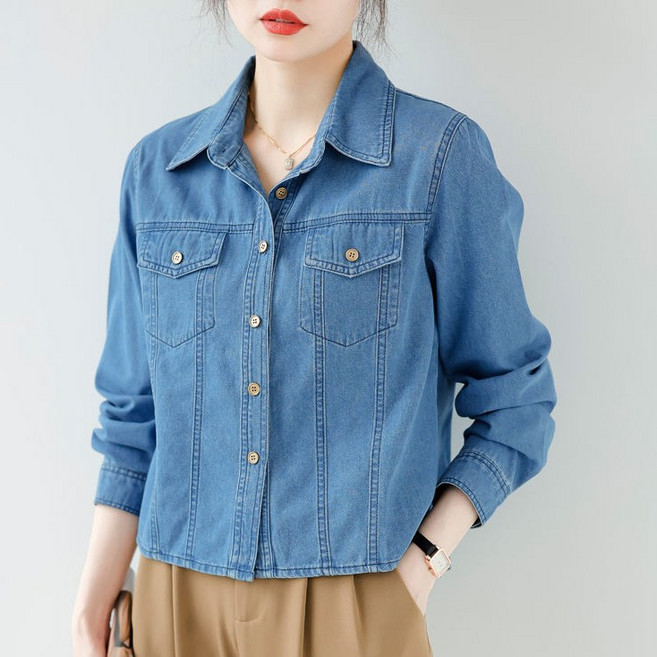 jieve 여성 청데님 셔츠 긴팔 캐주얼 두 개의 가슴 포켓 단추 장식 봄 가을SL091552