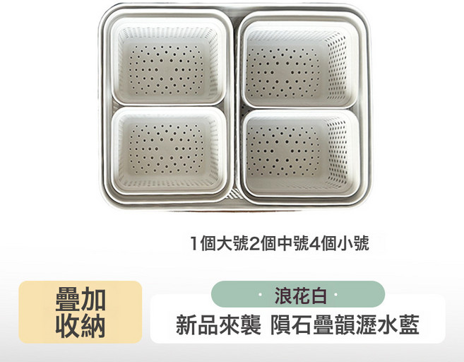 家用廚房瀝水籃套裝雙層洗菜盆瀝乾籃筐加厚小框洗碗池瀝水批發, 1個, 1個大+2中+4小(浪花白):如圖
