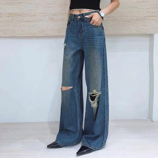 대박난박양 인디고블루 와이드 디스트로이드 청바지