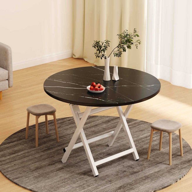 圓形折疊餐桌 白楓木 60*60*50CM, 優質烤漆腿黑石紋(60*60*50)H型