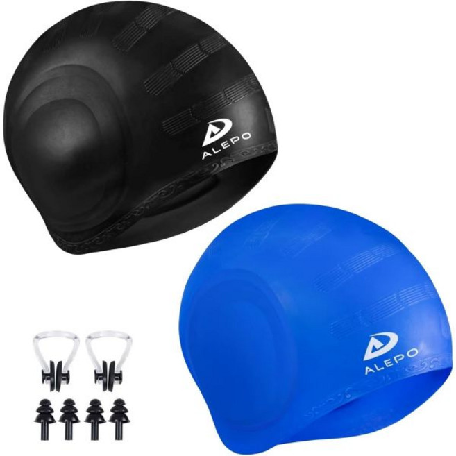 Alepo 수영모자 수모 강습 3D 귀 보호 기능이 있는 알레포 2팩 남녀 공용 수영 모자 여성 남성 성인용 내구성 유연한 실리콘 플러그와 코 클립으로 짧고 긴 머리카락을 위한, Blue