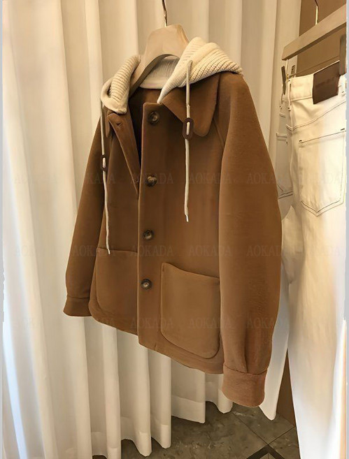 AOKADA 여성 봄 가을 루즈핏 니트 후드 모직 코트 점퍼 아우터