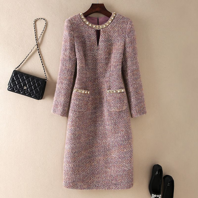 JoYouth 가을 겨울 따뜻한 보라 여성 하객 다이아몬드 포인트 트위드 원피스 결혼식 정장