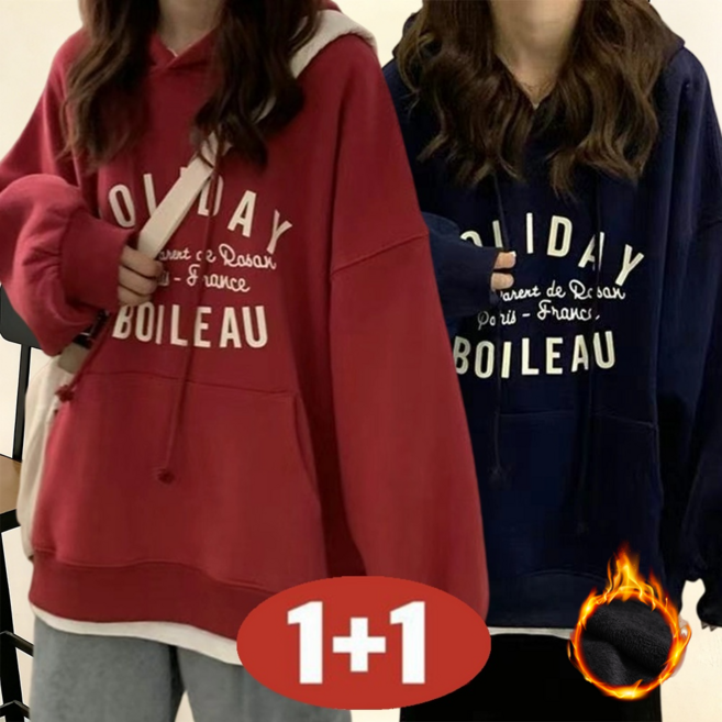 오스틱니 빅사이즈 1+1 루즈핏 프린트 여성 후드티 레터링 심플 포켓 bf 무지 간절기 캐릭터 이너 오버핏 코디 풀오버 캐주얼 패션 데일리 홀리데이 겨울 보온 기모 상의 맨투맨2P