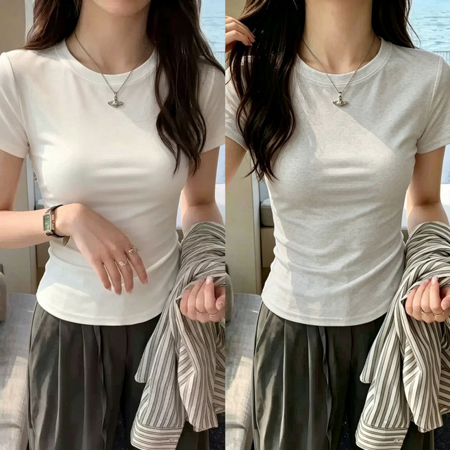 圓領短袖打底衫, 1個, 白色+白灰【實惠兩件裝】2XL(140-160斤)