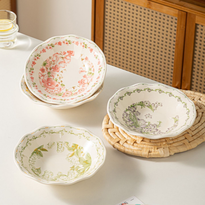 북유럽풍 접시 꽃무늬 세트 예쁜도자기 파스타볼 20cm 4개, 1세트, 믹스컬러