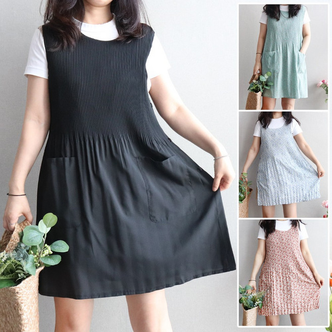 원피스 앞치마 쉬폰 주름 시원한 여름 얇은 경량 CR01, CR01 검정단색, 1개