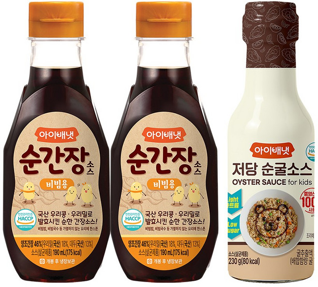[아이배냇] 양념세트 순간장 국물 비빔 저당 굴소스, 1세트, 610g, 저당 굴소스+간장(비빔용2개)