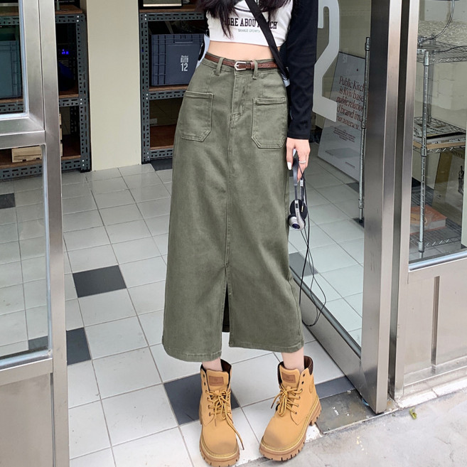 해피유통 여성용 봄여름 통근 트임 하이웨이스트 카고 a라인 롱스커트 CLY