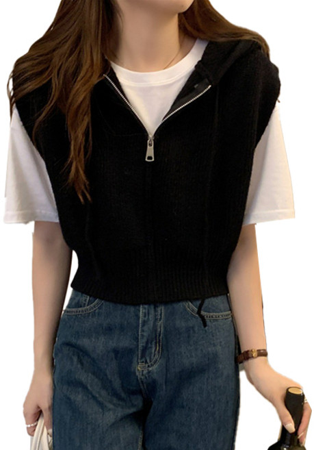 핑크셀럽 후드 집업 크롭 니트 조끼