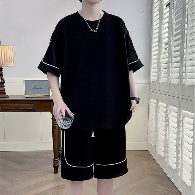2026 여름 남성용 초특가 빅사이즈 시원한 반팔티+반바지 트레이닝세트 클래식 배색 심플 오버핏 캐주얼 가벼운 소재 투피스